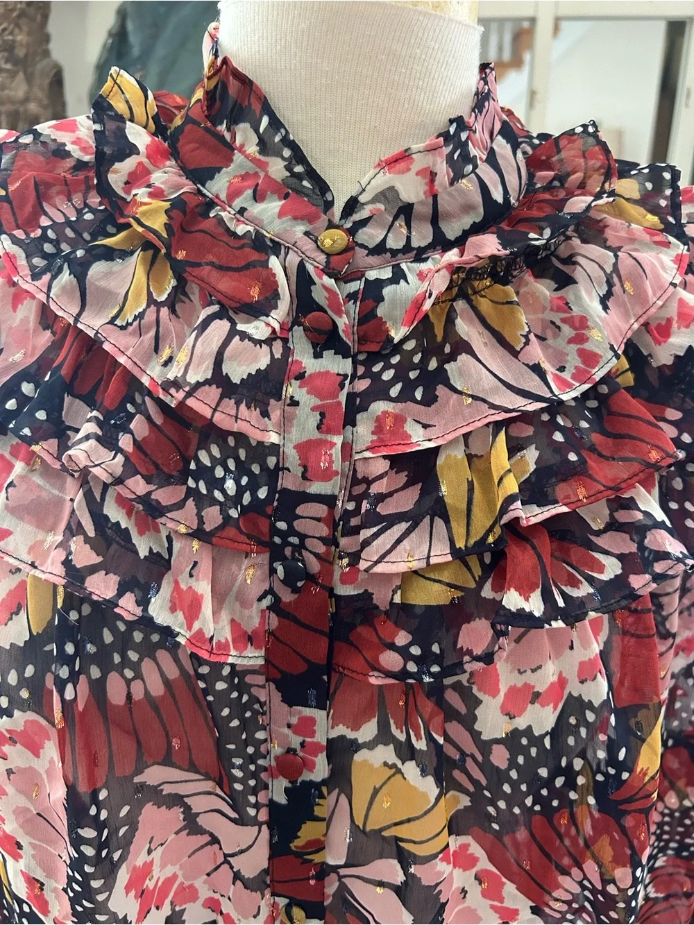 Boden Multi Floral Ruffle-Neck Blouse